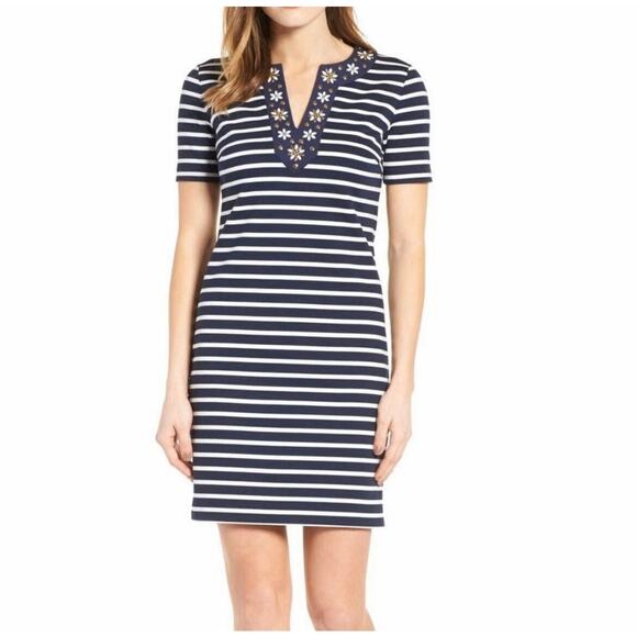 MICHAEL Michael Kors Navy & White Striped Sheath Dress Floral Stud‎ Women's XS - Picture 1 of 14